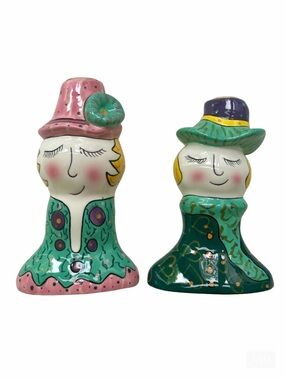 Set 2 Vintage GANZ Pati’s People Hand Painted Ceramic Candlesticks Holders Pair
